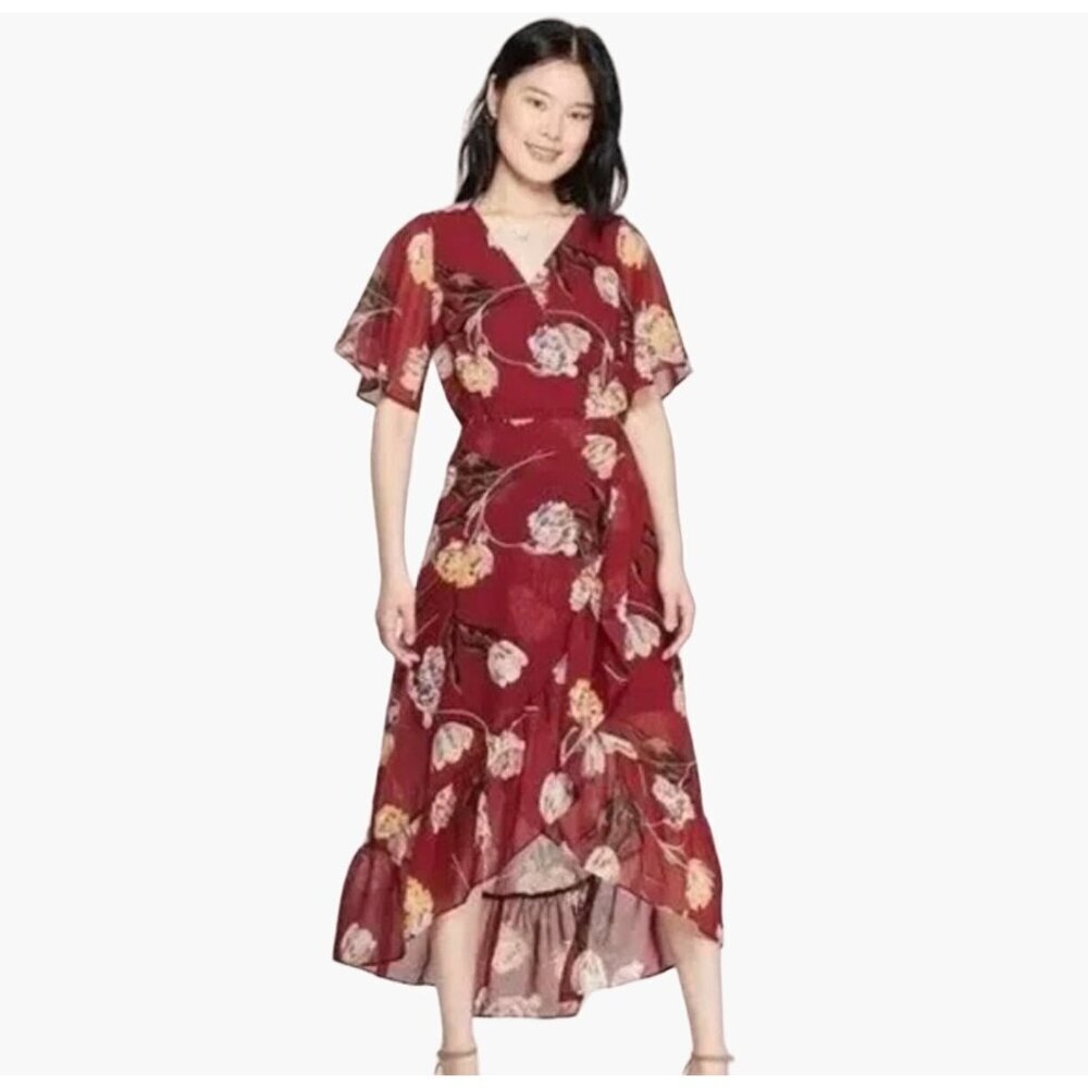 A New Day Floral Print Short Sleeve V-Neck Midi Dress Burgundy Women's Size XXL